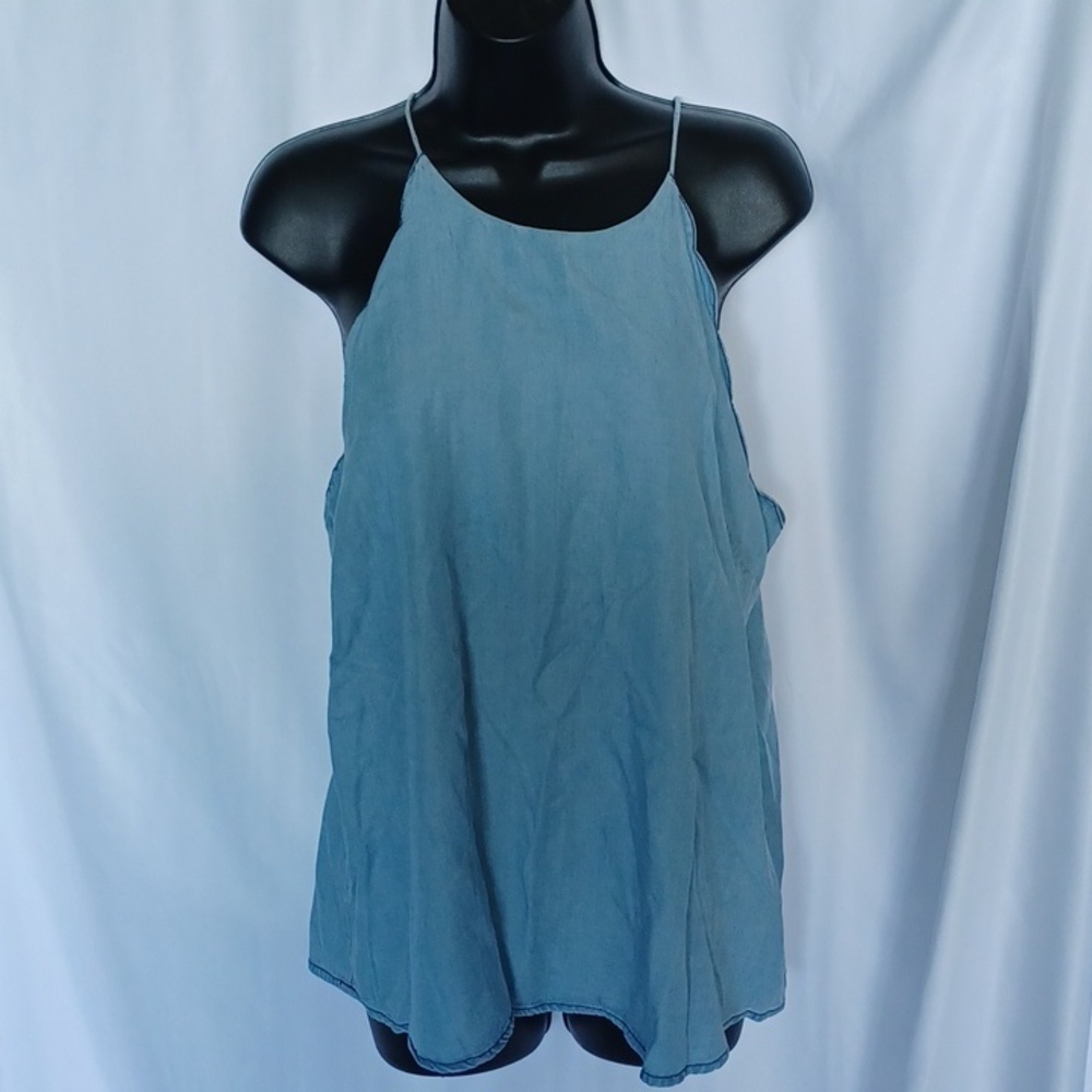 1250C • Naked Zebra Blue Chambray Tencel Tank Top, scalloped arm holes
